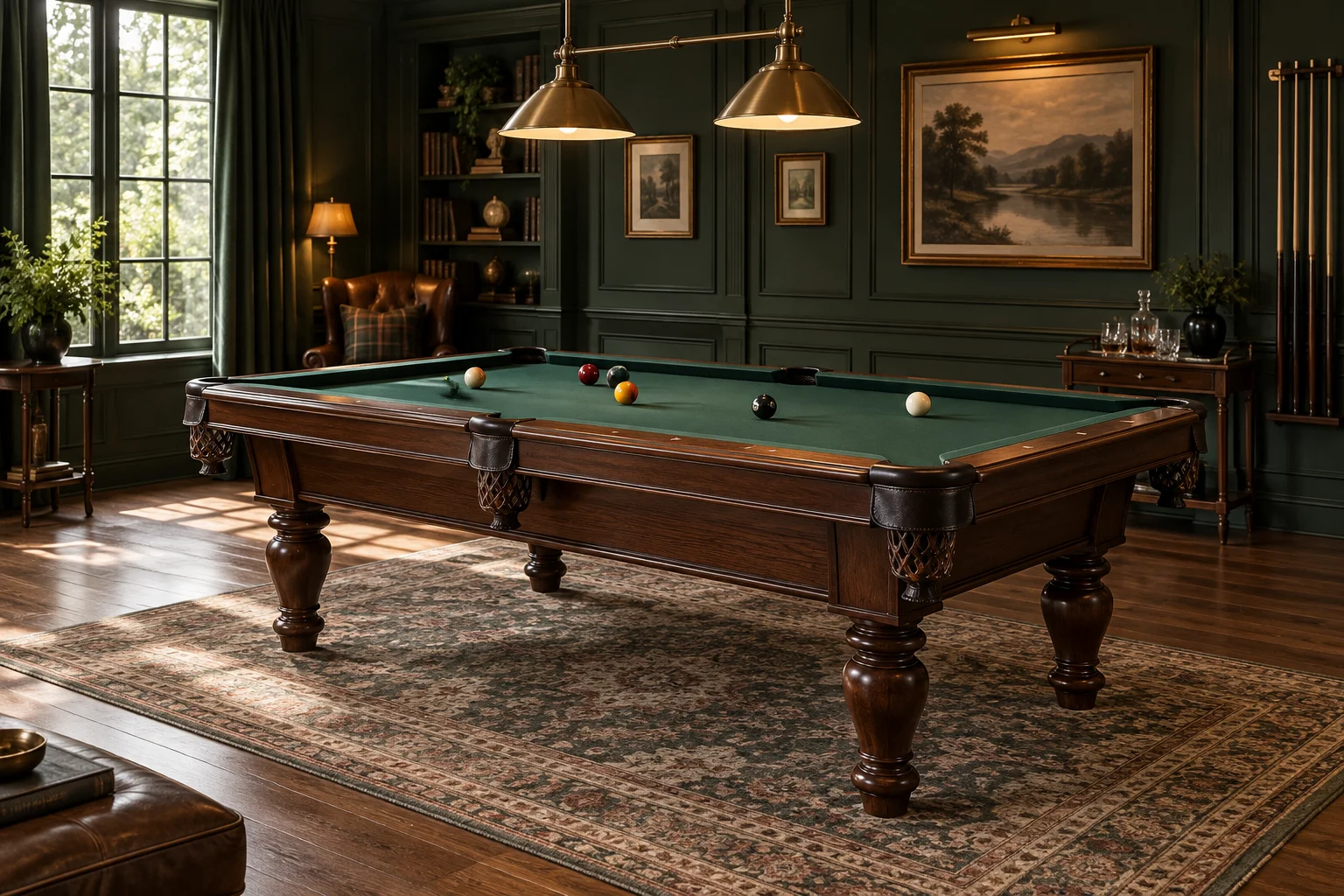 Illustrative traditional billiard room with a walnut table and green cloth