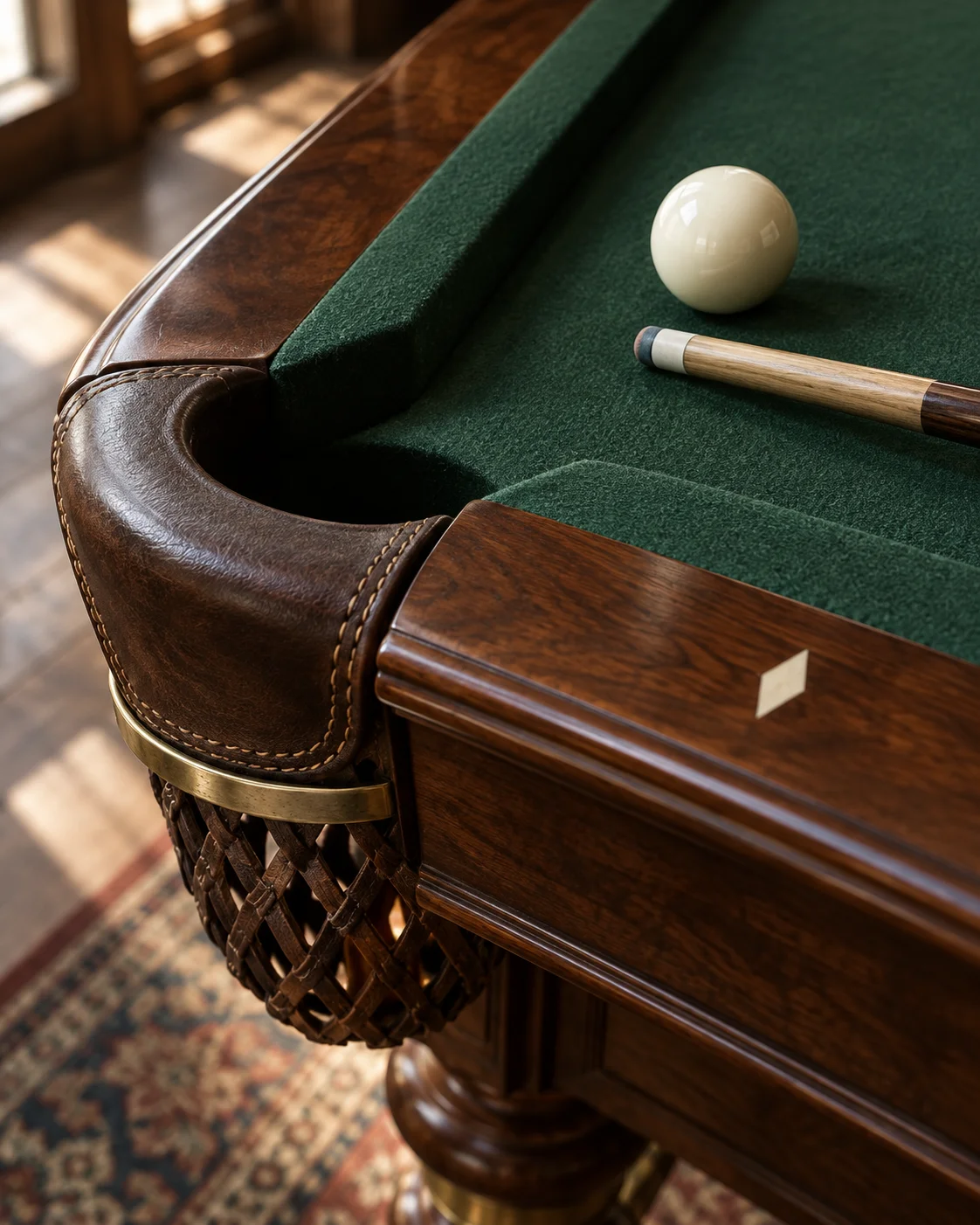 Illustrative walnut billiard rail, green cloth and leather pocket